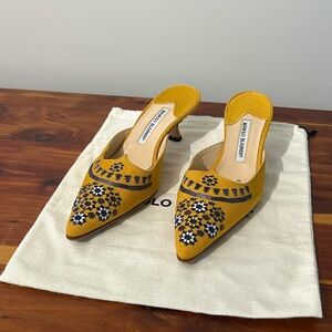 Manolo Blahnik Mustard Embroidered Heels